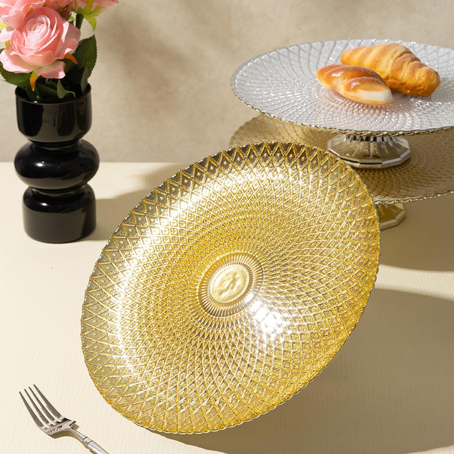 Evropský lehký luxusní špičkový skleněný podnos na ovoce na vysoké noze obývací pokoj galvanizovaný podnos na cukroví velkokapacitní kulatý podnos na ovoce