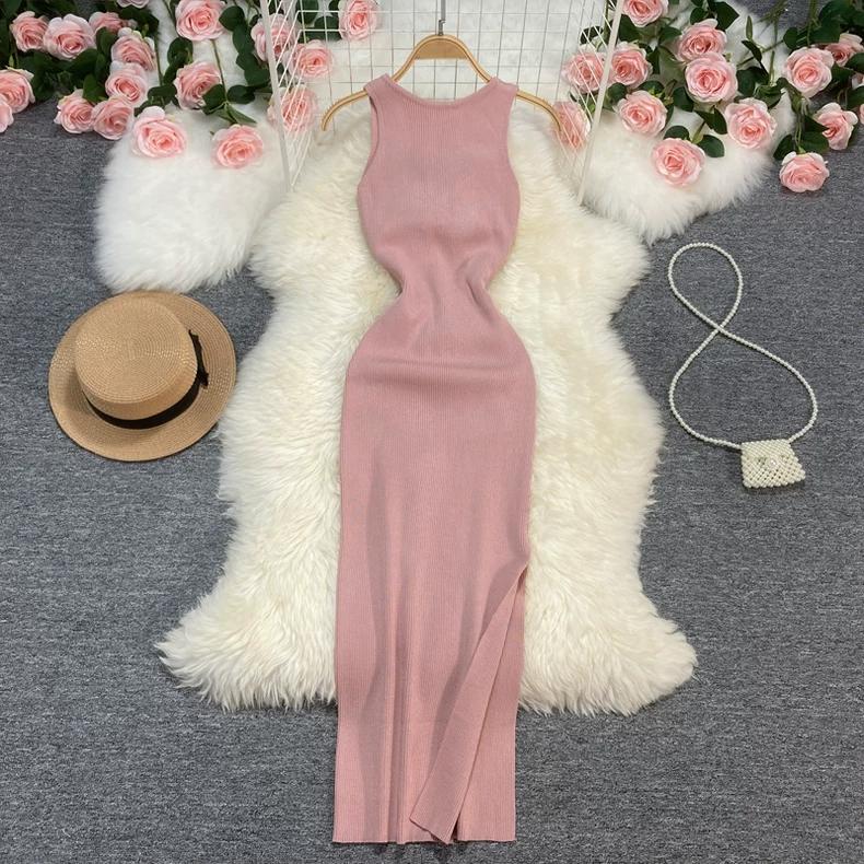 Vestido de Punto Minimalista sin Espalda para Mujer Verano SSólido de Punto sin Mangas Ajustado sin Mangas Sexy Bodycon Vestido Camiseta