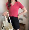 Summer V-neck Short-sleeved Knit Shirt Thin Slim T-shirt Female Design Sense Cross Short Tops Casual Essential Comfort Style Slim Fit Pullovers Tees