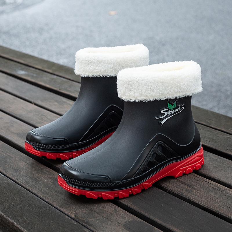 Short Rain Shoes Women's New Fashion Casual Thermal Shoes Overshoes Non-slip Velvet Student Rain Boots Water Shoes Women