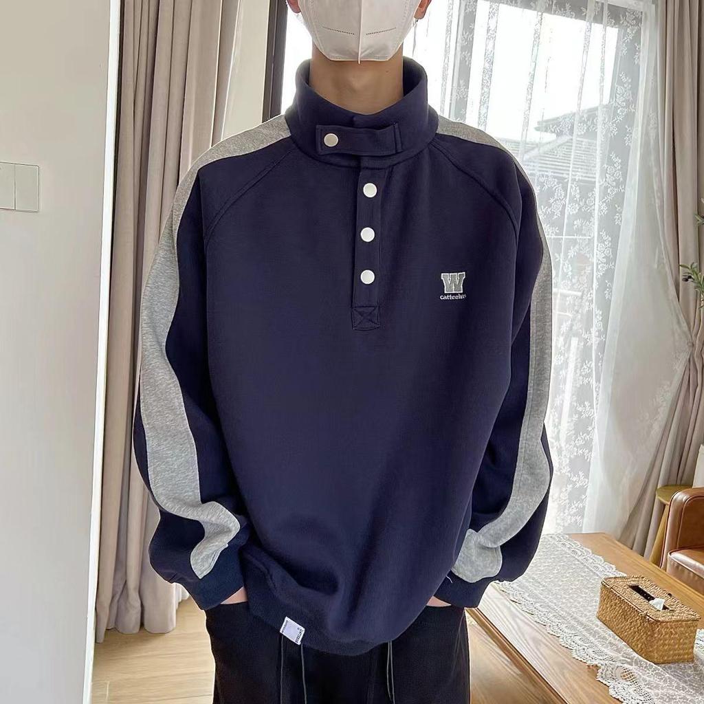 Spring/Autumn 2026 Japanese Style Patchwork Stand Collar Hoodie - Men's Trendy American Retro Casual Loose Pullover Top