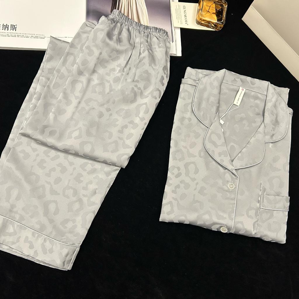 Multi-color leopard print jacquard women's long-sleeved trousers, ice silk pajamas can be large-size loungewear