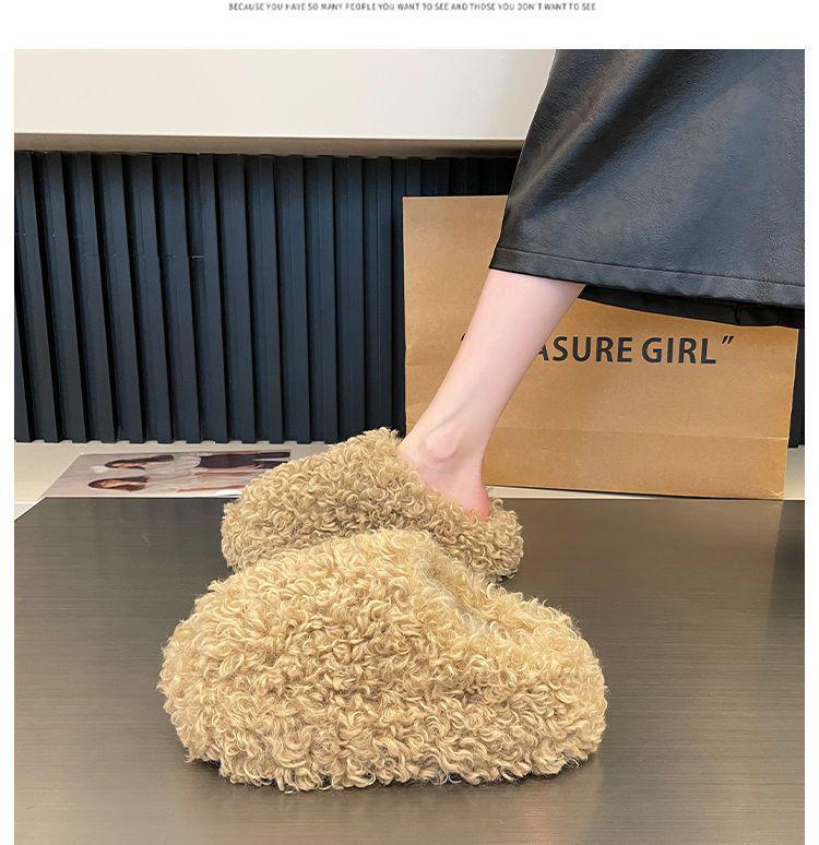 High-End Women's Furry Slippers - Height-Boosting, Thick-Sole, Closed-Toe, Cotton for Autumn/Winter In Apricot, Black, Dark Brown.