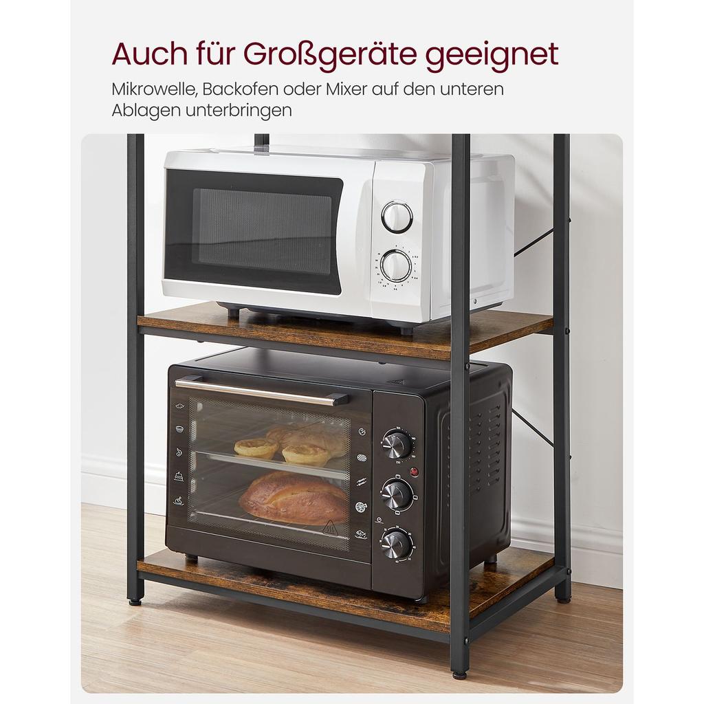 VASAGLE Scaffale da Cucina, Scaffale Autoportante per Cucina, Scaffale per Microonde, Autoportante, 6 Ripiani e 6 Ganci, per Microonde, Struttura in Acciaio, Design Industriale