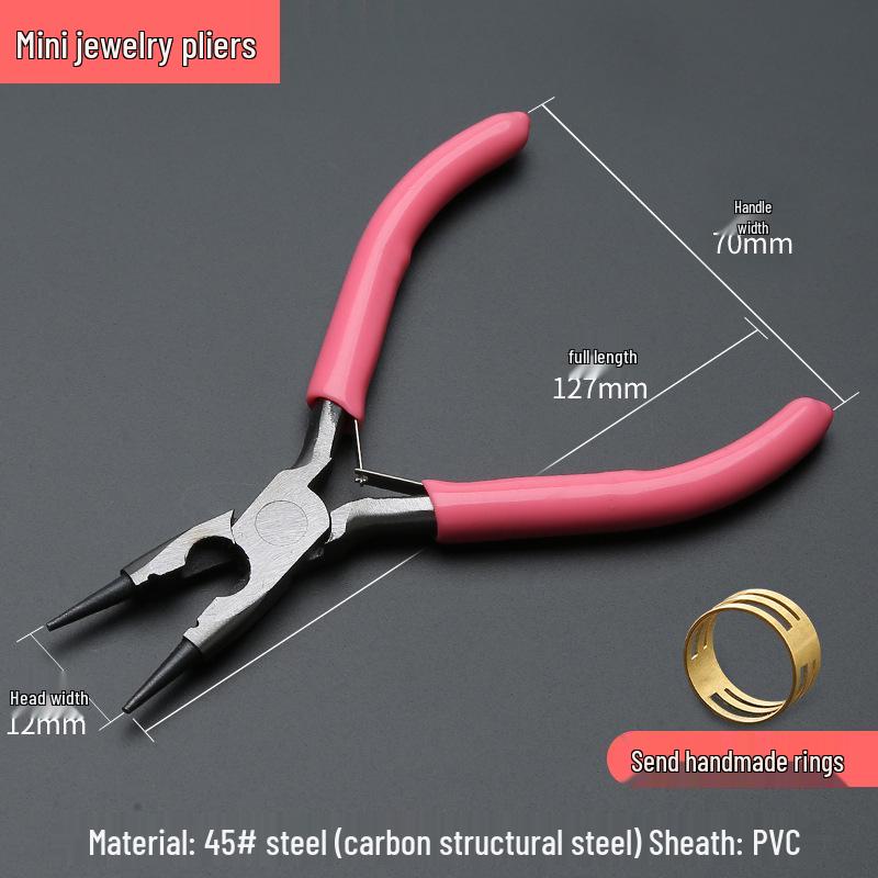 Pink DIY Multifunctional Jewelry Pliers Set: 5" Needle-Nose, Round-Nose, and Angled Pliers. Ideal for crafting and detailed work.
