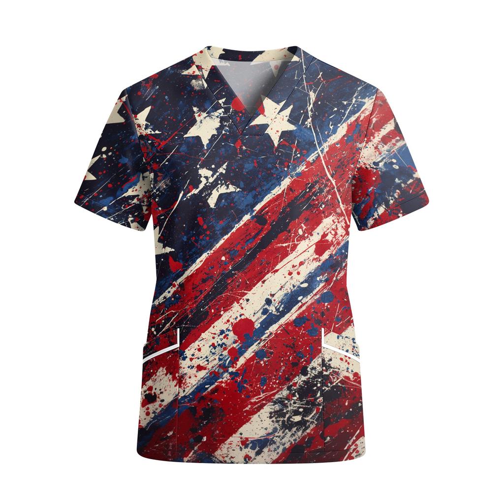 Women's V Neck Short Sleeve Work Shirt with Pockets Independence Day Star Print Medical Uniform Top for Healthcare Professionals