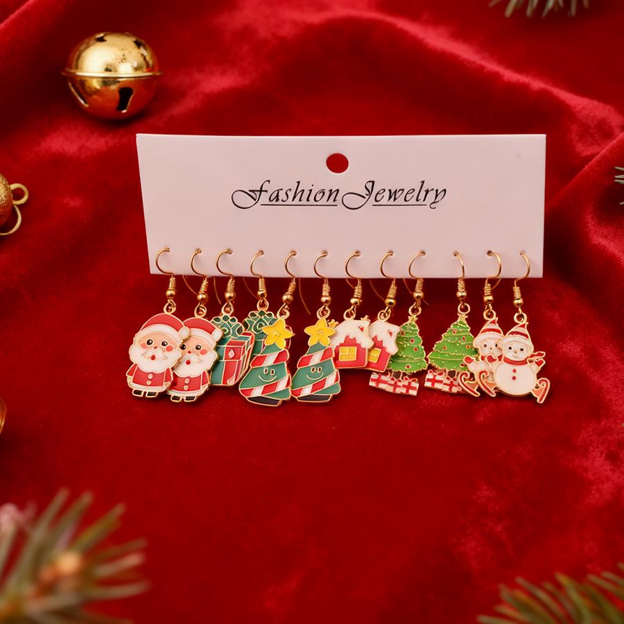 6-Piece Christmas Earrings Set: Cute Cartoon Snowman & Santa Claus Drop Pendants.