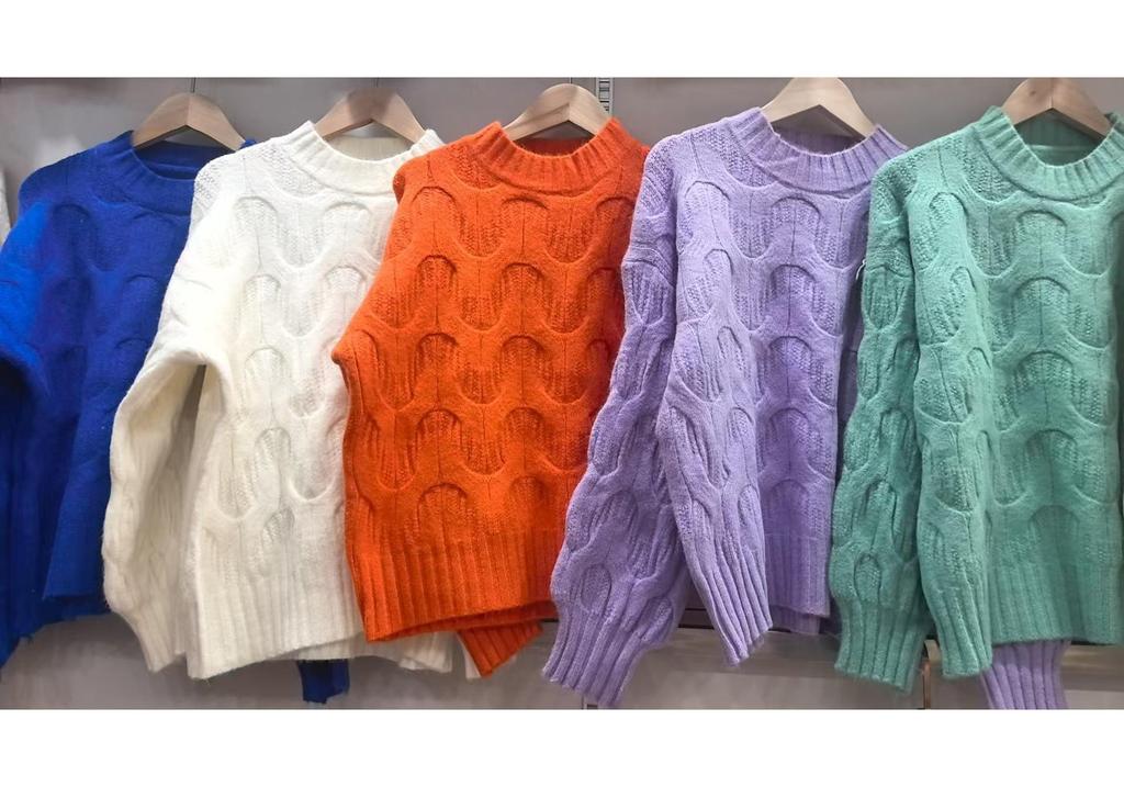 Sweter damski w stylu koreańskim z dzianiny warkoczowej z rękawami typu latarnia – luźny krój, gładki, pulower na jesień/zimę