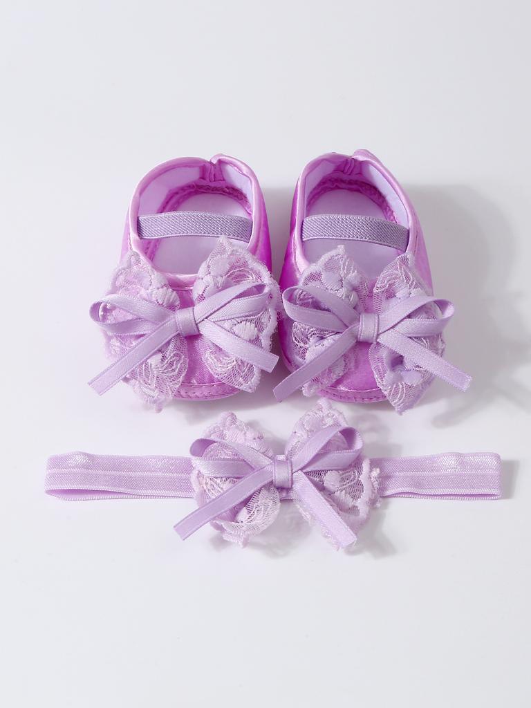 Elegant Lace Pearl Tulle Bow Baby Crib Shoes Matching Stretch Headband Set, Non-Slip Flexible Sole Toddler First Walkers Princess Outfit Accessory
