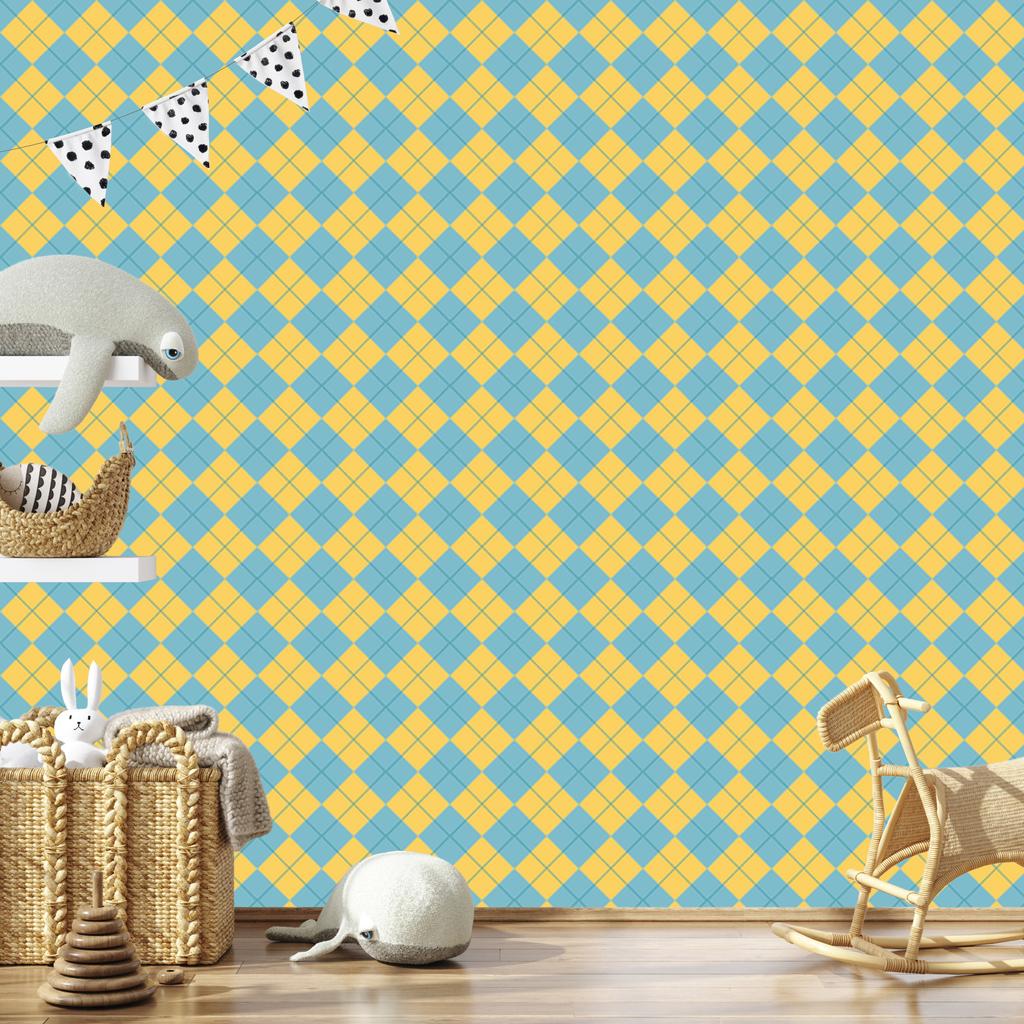 Yellow, blue, turquoise and gold checkered wallpaper 50x1000