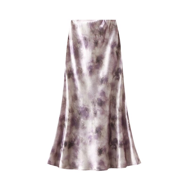 

2025 Spring High-Waist Silk Mermaid Midi Skirt with Chinese Ink Painting - Slim Fit M фіолетовий