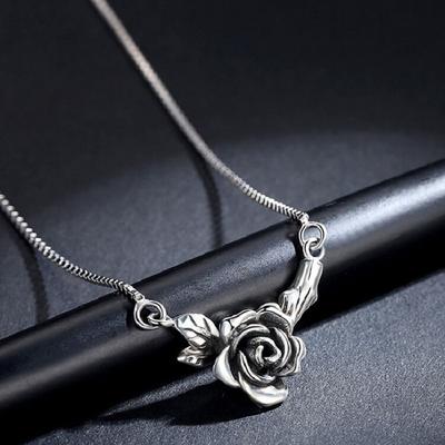 Women Necklace Vintage Floral Black Rose Stainless Old Design Neck Decoration Silver Color Smooth