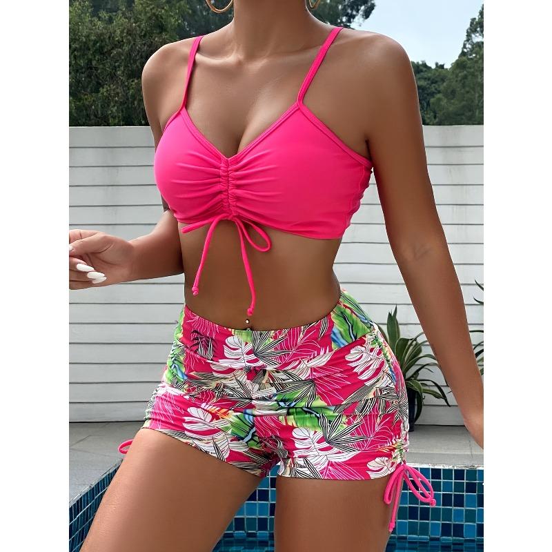 Tropical Leaf Print V Neck High Waist Bikini Sets, Drawstring Spaghetti Straps Boxer Short Bottoms Two Pieces Swimsuit, Women's Swimwear & Clothing