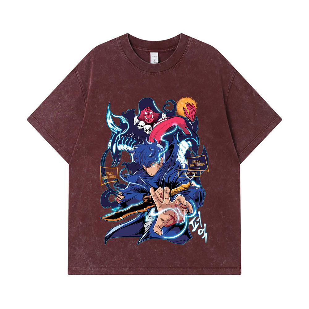 275 GSM Washed T-shirts 100% Cotton Solo Leveling V14 Print Unisex Heavy Cotton T Shirt