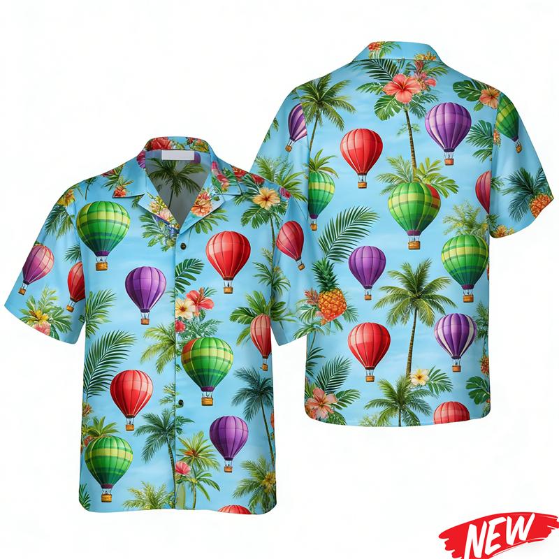 Camisa Hawaiana Gráfica de Globo Aerostático para Hombres Mujeres Verano Playa Vacaciones Camisas Moda Calle Solapa Manga Corta Camisa Tops
