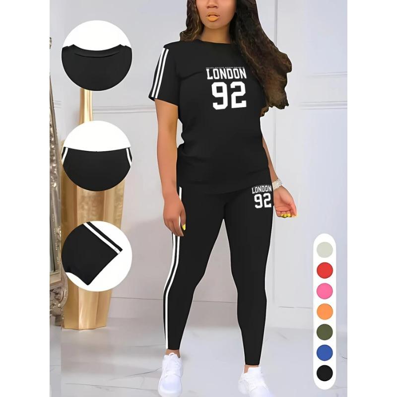Moisture Wicking Ladies Short Sleeve T-shirt High Waist Full Length Leggings Fitness Two Piece