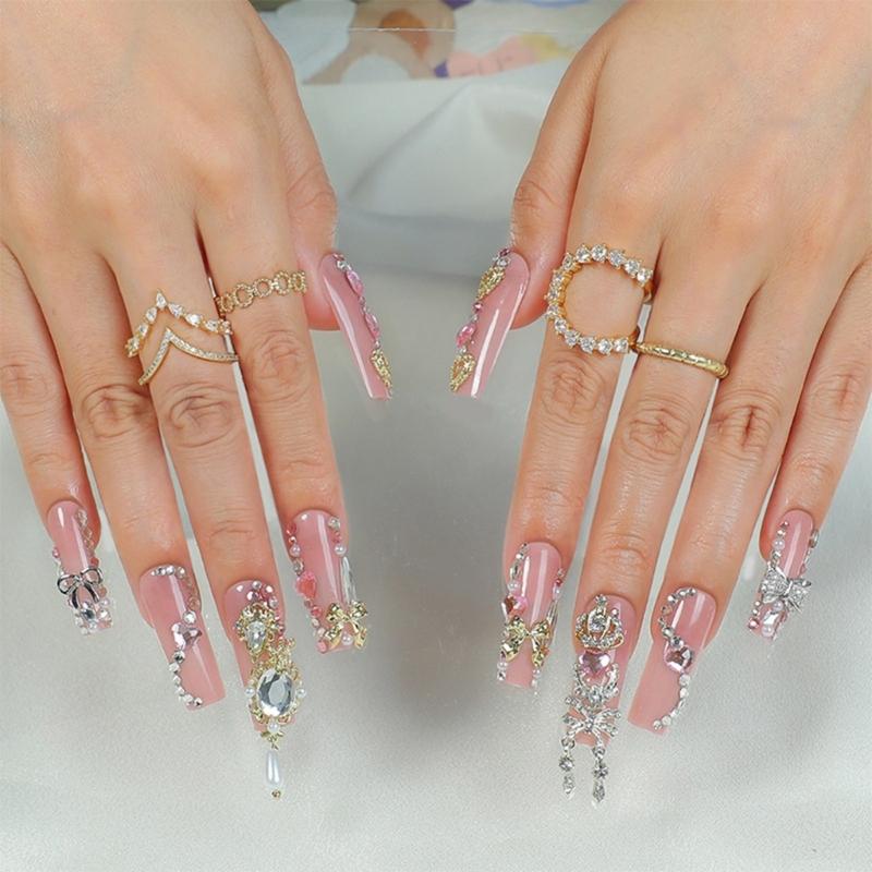 

24PCS Sparkling Press on Nail Long Square False Nail With 3D Borknot Stick ons Nail Art for Office Parties and Daily Use 1