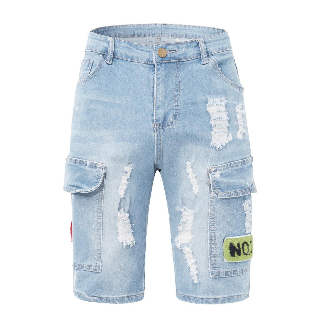Men's Fashion Denim Shorts Personality Casual Hole Embroidery Pattern Trend Stretch Jeans