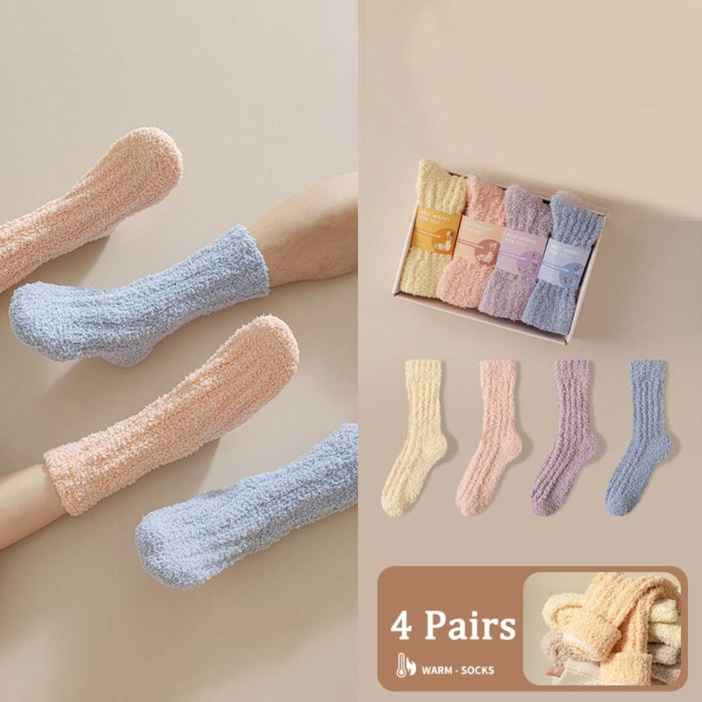 4Pairs Sleeping Floor Plush Socks Winter Mid Tube Socks Women Kawaii Coral Fleece Socks  Autumn