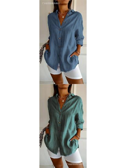 Women's Solid Color Single-Breasted Pleated Lapel Shirt with Roll-Up Sleeves - European & American Style