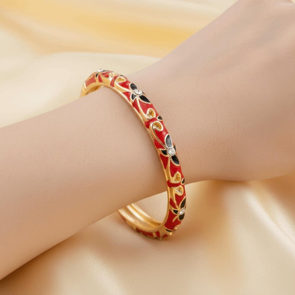 Exquisite Painting Enamel Flower Bangle Lightweight Metal Rhinestone Thin Bracelet Beach Vacation