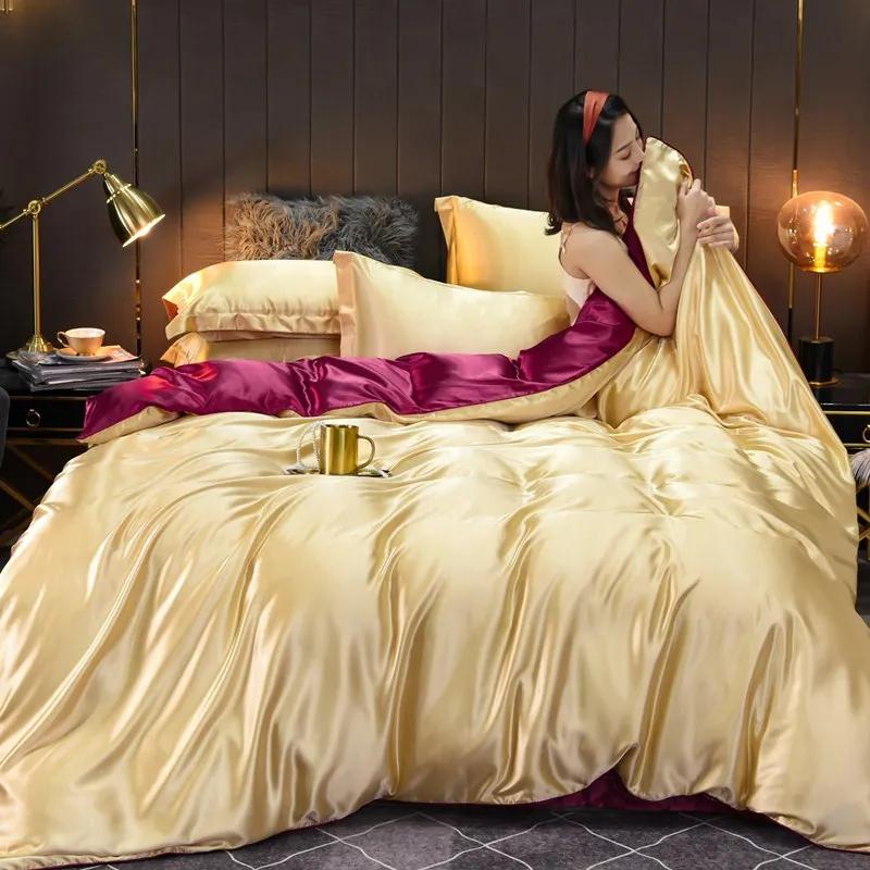 Set de lenjerie de pat din mătase 100% pură, de lux, moale, cearceaf cu pilote și fețe de pernă, set de pat cu husă pentru casă, seturi de lenjerie de pat de calitate, mărime king