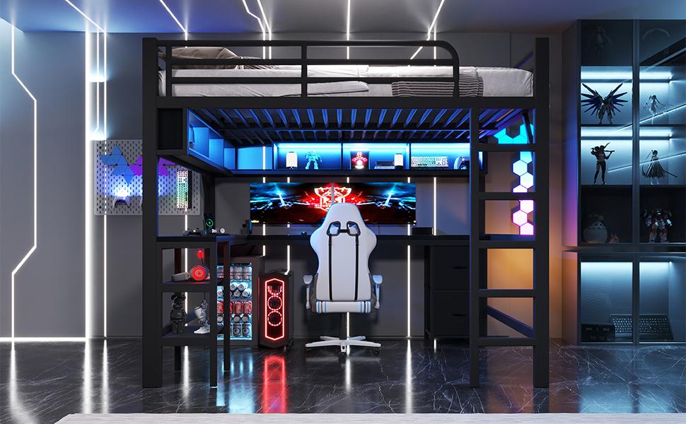 Metall-Hochbett für Gaming (140 x 200 cm) mit Bücherregal, Schreibtisch, Schrank, USB- und LED-Beleuchtung, schwarz