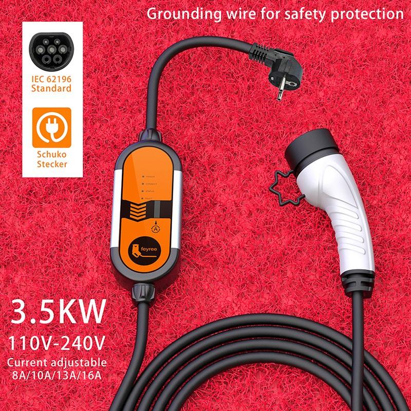 Feyree Portable EV Charger Type2 16A 3.5KW EVSE Charging Cable Type1 SAE J1772 EU Plug Controller Wallbox for Electric Car
