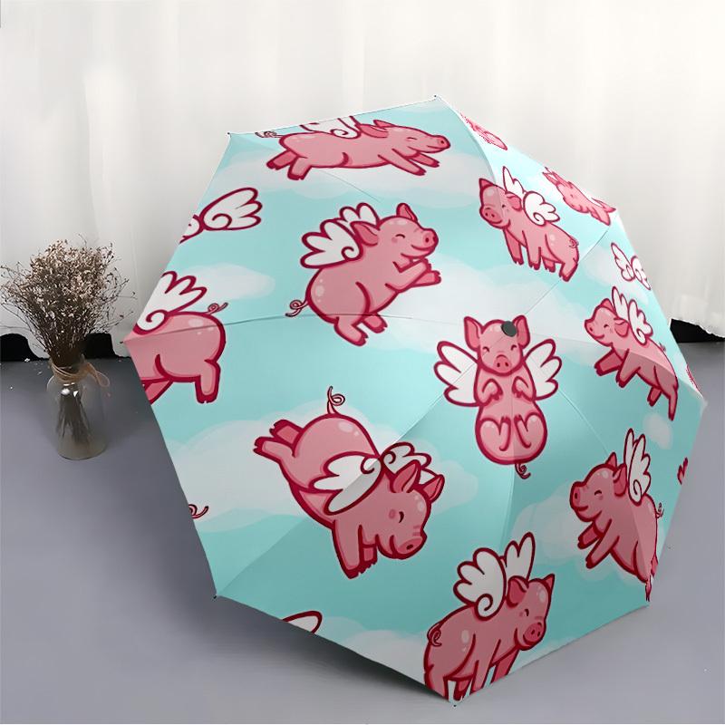 1pc Flying Pigs Fashionable Automatic Opening/Closing Folding Umbrella with 8 Bones, Windproof Portable, Daily Use109