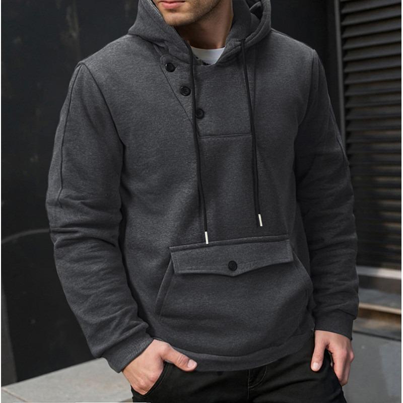 Men S Button Design Hooded Pullover Sweatshirt Solid Color Slim Fit Big Pocket