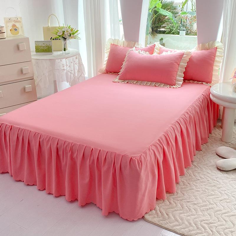 

Новый однотонный комплект с начесом, простой стиль, удобная премиальная юбка для кровати, 1 шт. юбка для кровати + 2 шт. наволочки, без вставок для подушек 150*200CM