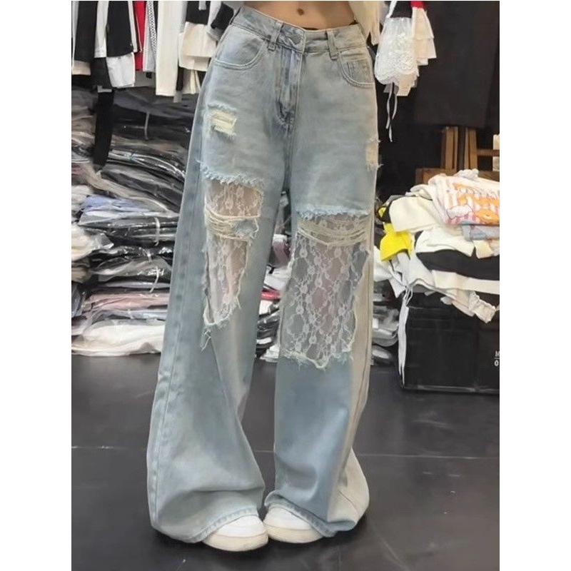 Women's Retro Ripped Lace Patchwork Wide-Leg Jeans - Casual Spring Style