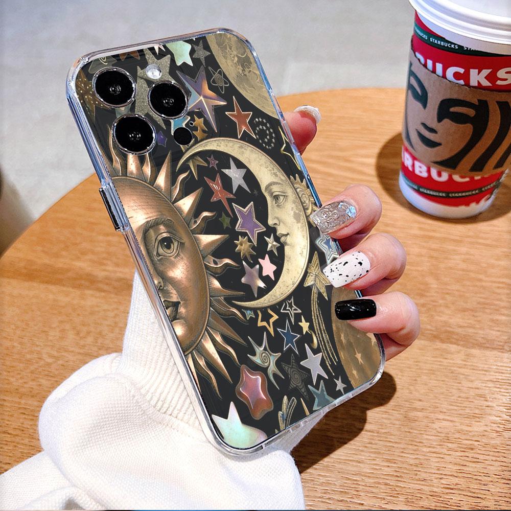 Vintage Sun Moon and Stars Phone Case for IPhone 14 15 16 17 13 12 11 Pro Max  Plus 12 13 Mini TPU Protect Cover