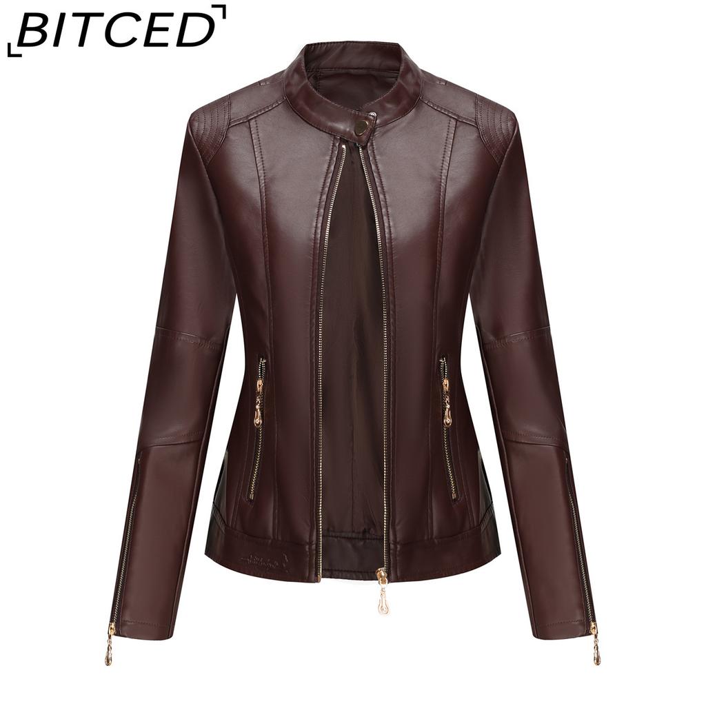 BITCED Fashion Women's PU Leather Short Jacket with Stand Collar Lightweight Spring/Autumn Leather Jacket