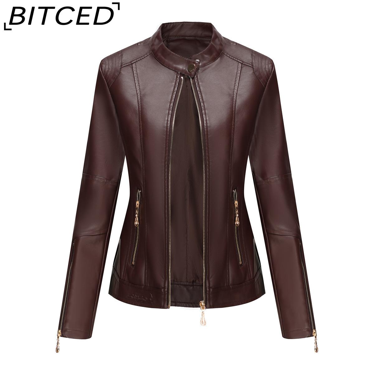 

BITCED Fashion Women s PU Leather Short Jacket with Stand Collar Lightweight Spring/Autumn Leather Jacket XXXXL коричневый