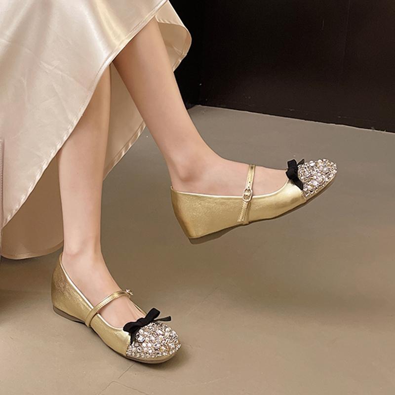 Sweet Bowknot Decoration Increased Internal Ballet Shoes Women Autumn Round Toe Low Heel Pumps Luxury Glitter Dress Party Shoes