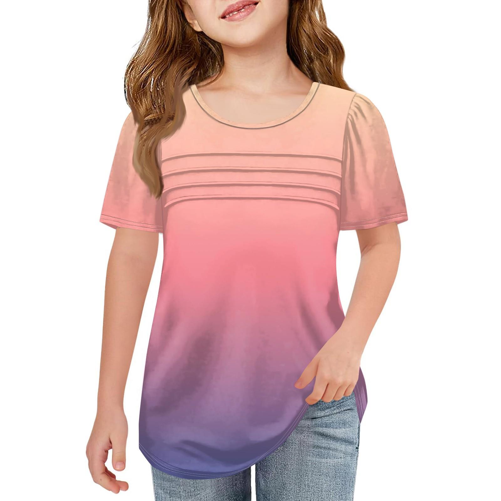 

Детские футболки Fold, летние футболки с короткими рукавами и круглым воротником, градиентное пальто для отдыха, футболка 140 розовый