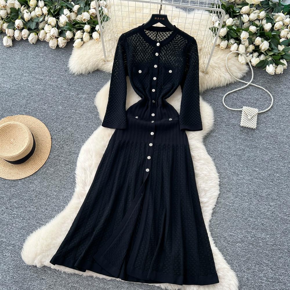 Autumn Winter Women Elegant SP Hollow Out Knitted Sweater Long Midi Christmas Party Split Dresses