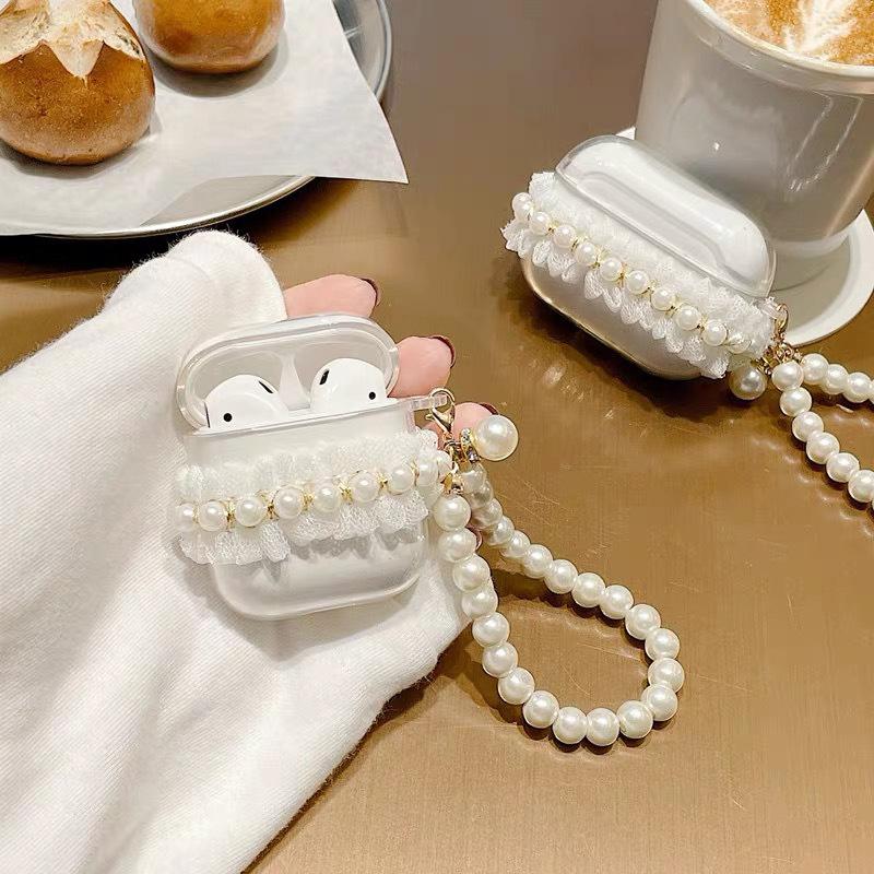 Airpods1/2Nd Generation Protective Case Transparent Lace Creative Airpodspro 3Rd Generation Bluetooth Headset Case Pearl Chain