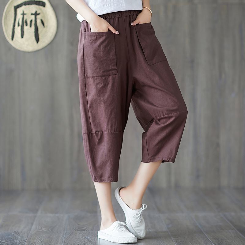 Women's Summer Thin Cotton-Linen Seven-Point Versatile Casual Harem Pants Plus Size Loose Elastic Waist Lantern Wide-Leg Trousers