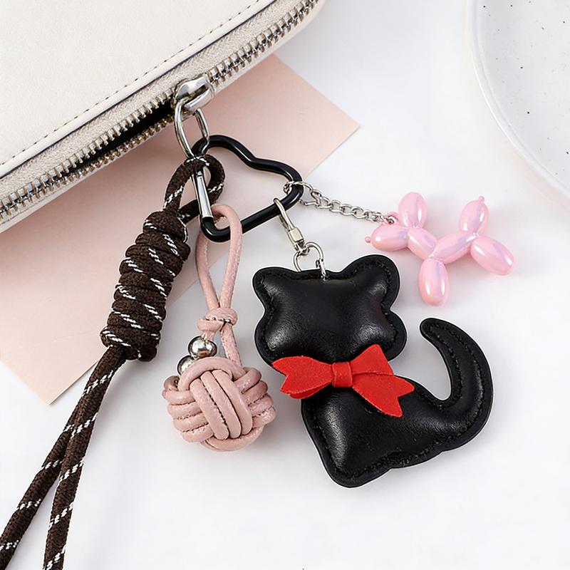 PU Leather Love Heart Bow Cat Keychain Handmade Woven Rope Keyring Y2k Bag Balloon Dog Pendant Sports Hanging Accessories