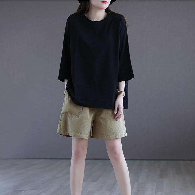 Cotton Seven Quarter Sleeved T-shirt for Women's Short Sleeved Summer 2025 New Loose Base Shirt with Solid Color Inside To Make You Look Slimmer