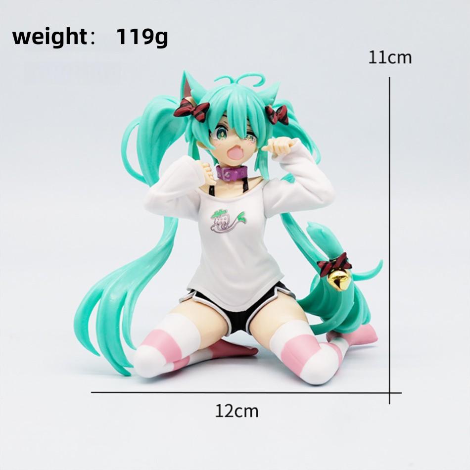 Anime Figure Girl Hatsune Miku Sitting Sexy Short Sleeved Pajamas Cat Ear Figurines Desktop Decoration Doll Collection Model Toy