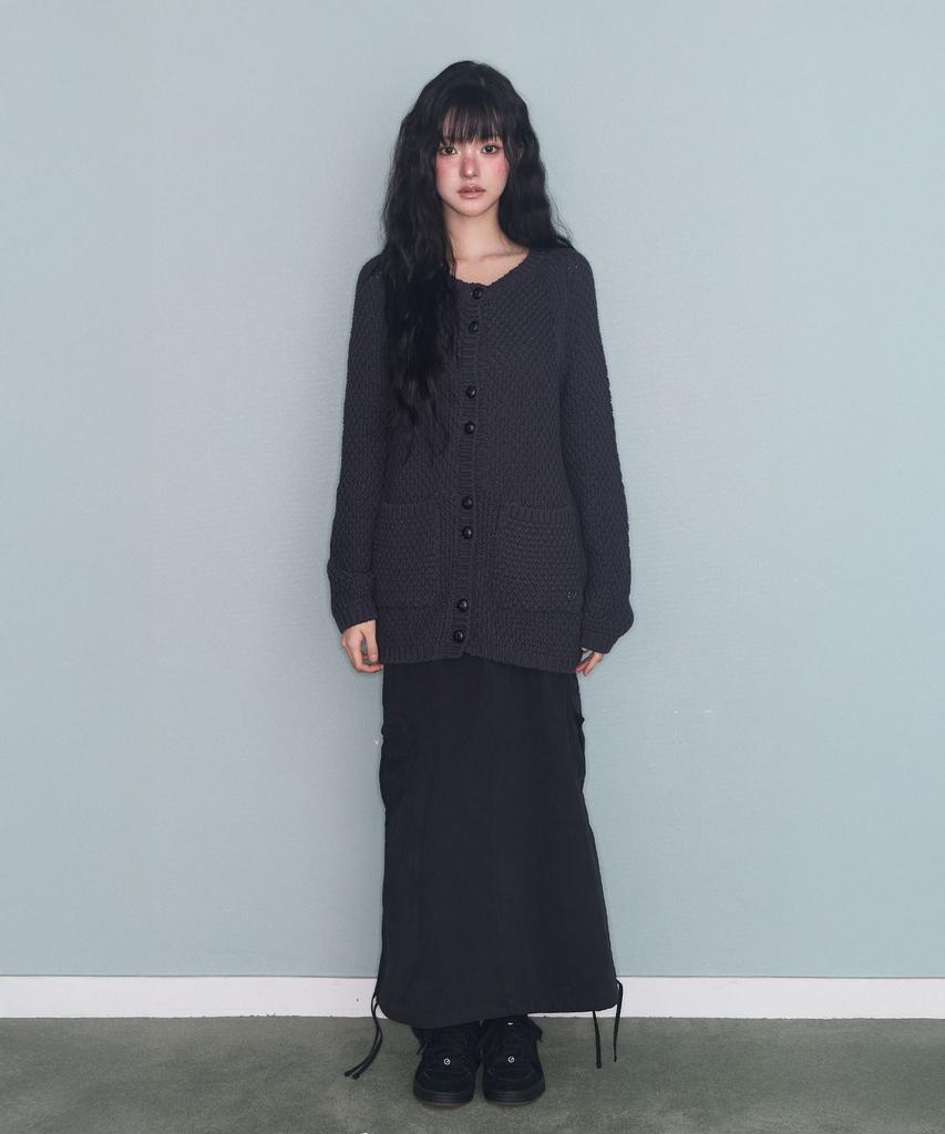 Mileko Turtle-Button Knit Cardigan Charcoal