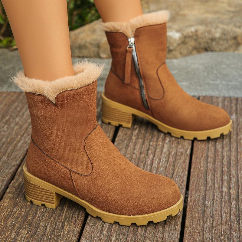 Women's Wide Width Side Zipper Snow Boots, Plush Lined Slip-On Ankle Boots, Chunky Heel Wholesale Booties in Stock