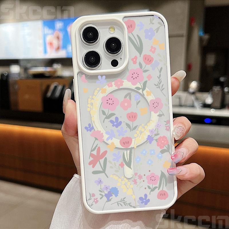 Niedliche Handyhülle mit Blumenmuster für iPhone 16 15 14 Pro Max 11 12 13 Pro 16E XS X XR Matt Magsafe Magnetische Drahtlose Ladeabdeckung