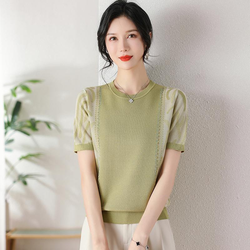 Elegant Ice Silk Knit Short Sleeve Top - Women's Summer Style