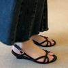 Fashion Retro Soft Leather Hollow Back Strap Open Toe Sandals for Women Summer Fashion Wedge Heel Temperament Round Toe Roman Shoes