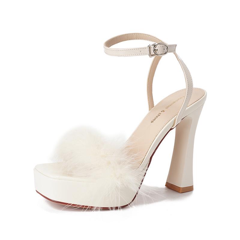 9696-1 Women's Fairy Style Temperament High Heel Sandals with Furry Strap and Thick Heel