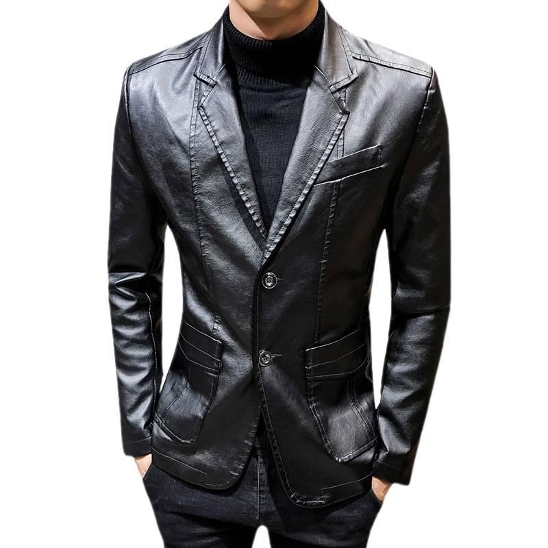 Men's Slim Fit Leather Suit Jacket - Autumn 2021 Casual Korean Style Lapel Design